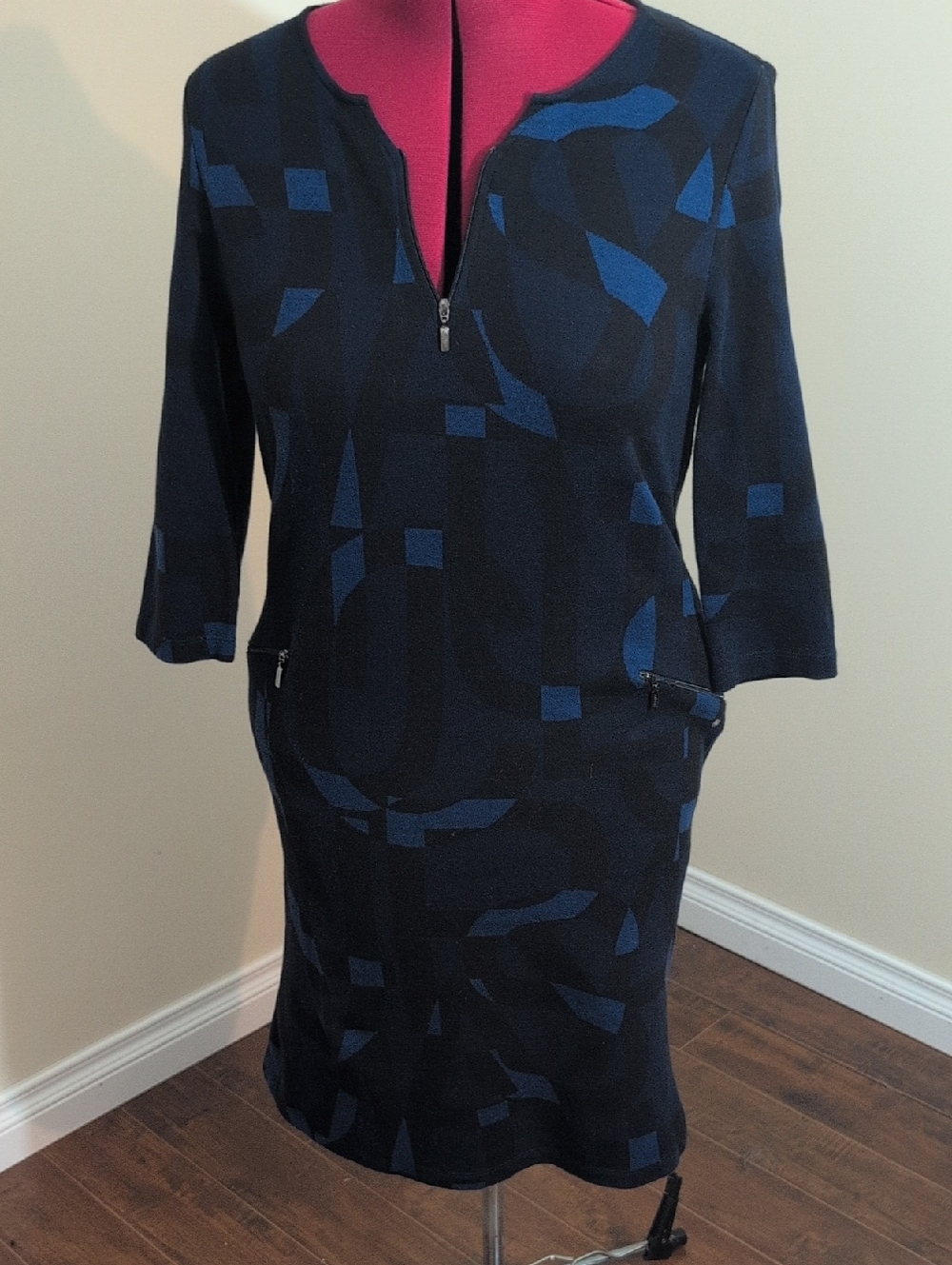 Gerry Weber Navy Blue Patterned Zip-Front Women's Dress With Zippered Pockets